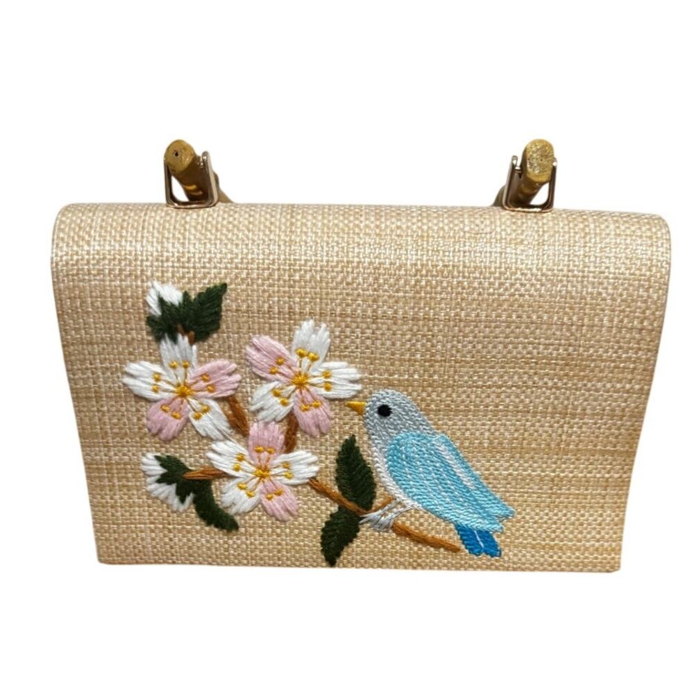 Haute Hippie Raffia Straw Box Bag Embroidered Bird and Blossom Natural NWT - Picture 2 of 5